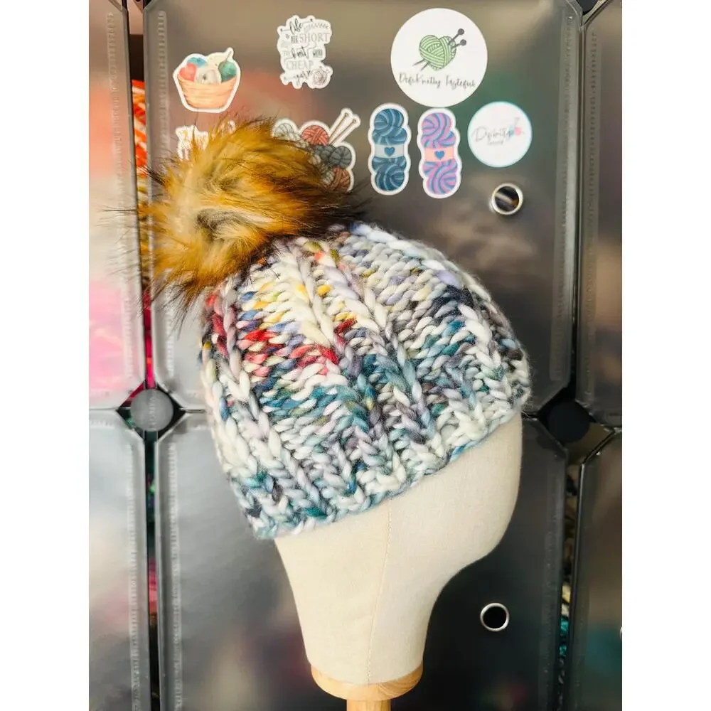 Handmade Scrappy Merino Wool Beanie: Colorful Winter Hat with Faux Fur Pom